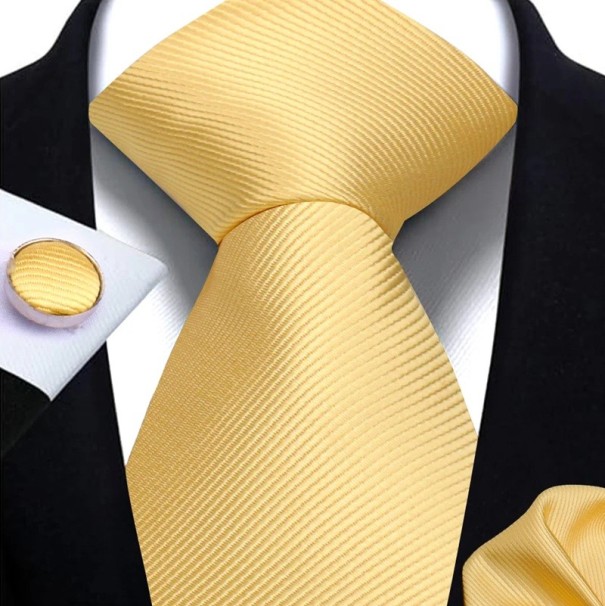Yksivärinen solmio, nenäliina ja kalvosinnapit 148 x 7,5 cm Elegantti miesten setti häihin, muodollisiin tilaisuuksiin ja liiketapaamisiin vaaleankeltainen