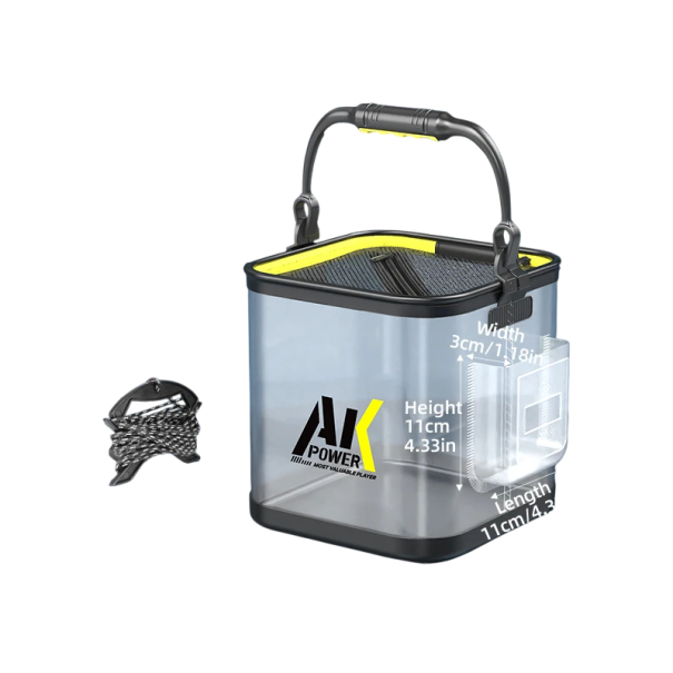 YUZHIYUAN Folding Fishing Bucket Transparent 20 cm with Side Pocket Plastic Zip Lid Black Transparent Fish Container 1