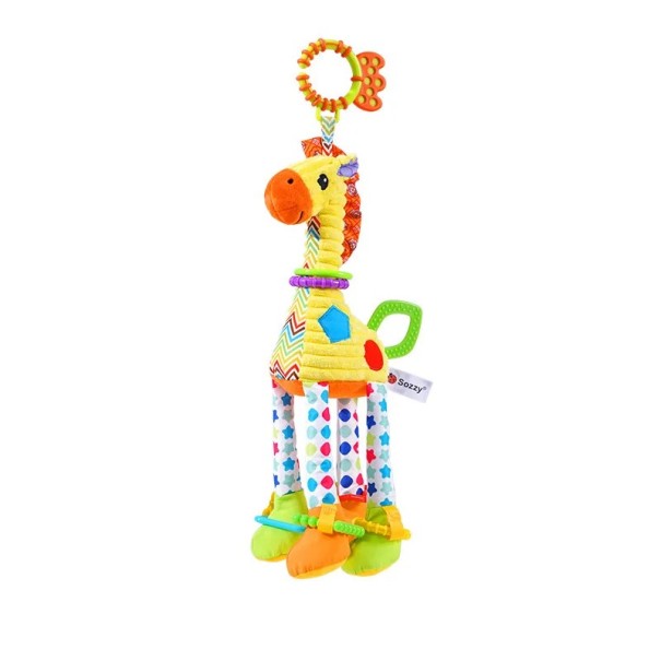 Zabawka pluszowa wisząca dla niemowląt 47 cm Żyrafa i Zebra z piszczałką, dzwoneczkiem i gryzakiem do wózka lub łóżeczka jasnożółty