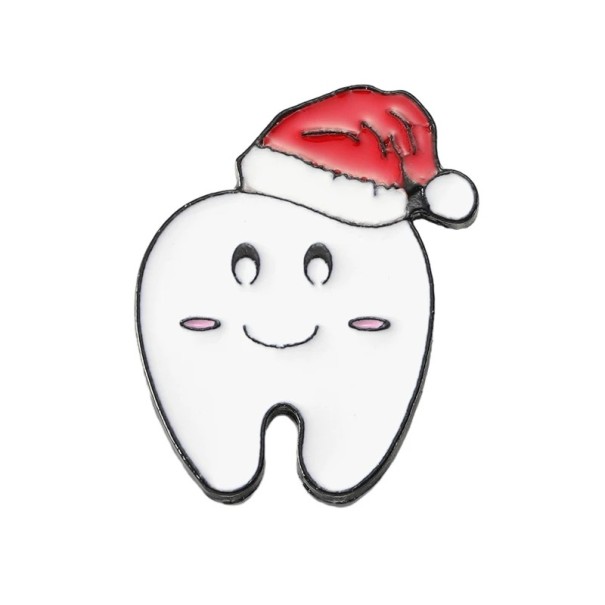 Zahn-Pin mit Weihnachtsmütze, metallisch, weiß, rot, Abzeichen für Kleidung, Rucksack, Tasche, Zubehör, gezeichneter Zahn-Motiv 1