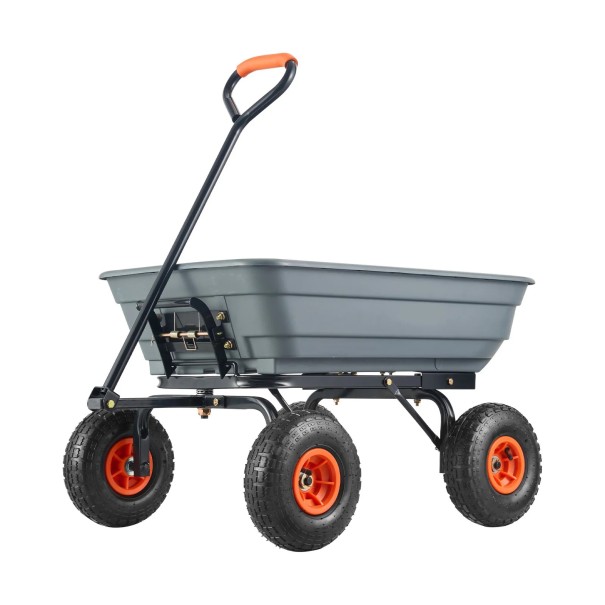 Zahradní sklápěcí vozík polyetylenový korba 960 x 590 x 270 mm ocelový rám rukojeť 2 v 1 pneumatická kola šedo-oranžový do zahrady 1