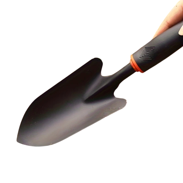 Zahradnická ruční lopata ergonomická rukojeť 31 cm železná černá s oranžovými detaily pro sázení a práci v půdě 1