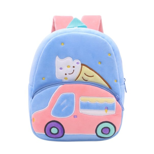 Zainetto per bambini azzurro chiaro 26 x 24 x 10 cm con un'auto gelataia rosa e un cono gelato con due tasche con zip e spallacci rosa 1