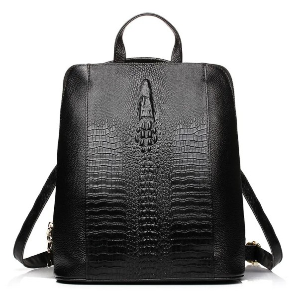 Zaino da donna con motivo coccodrillo, chiusura a zip, 25×12×32 cm, 100% vera pelle bovina, zaino in pelle per laptop da lavoro e scuola nero