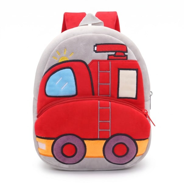 Zaino grigio per bambini 26 x 24 x 10 cm con camion dei pompieri rosso e lampeggiatore ricamato con tasca frontale e principale con zip e spallacci rossi 1