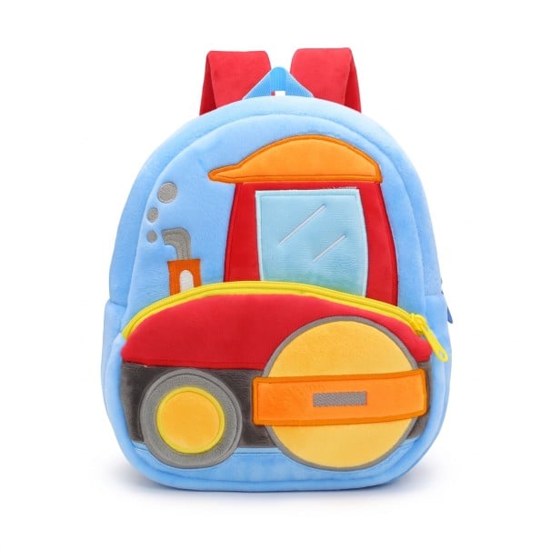 Zaino per bambini 26 x 24 x 10 cm con rullo stradale rosso su sfondo azzurro con due tasche con zip e spallacci morbidi rossi 1