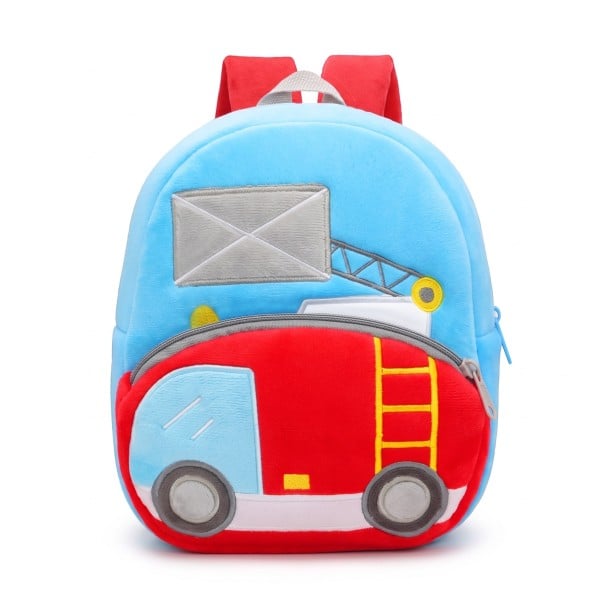 Zaino per bambini azzurro chiaro 26 x 24 x 10 cm con motivo di un camion dei pompieri e scala gialla, con due tasche con zip e spallacci rossi 1
