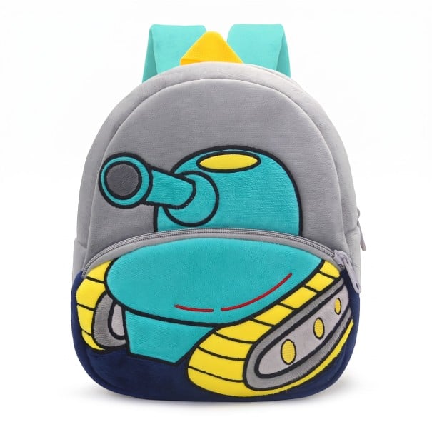 Zaino per bambini grigio 26 x 24 x 10 cm con motivo di un carro armato turchese e cinghie gialle con due tasche con zip e spallacci turchesi 1