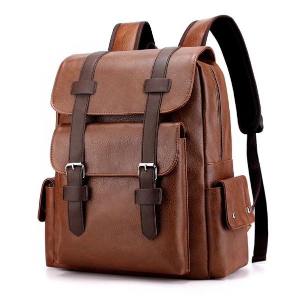 Zaino rettangolare da uomo 34 × 38 × 12 cm 20–35 l Elegante zaino urbano in ecopelle con zip, pattina e fibbie marrone chiaro