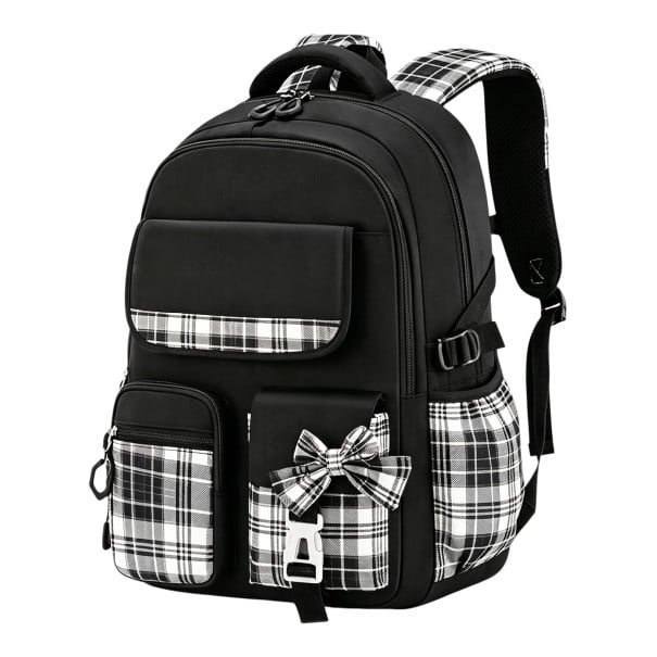 Zaino scolastico spazioso 46 x 32 x 20 cm con due scomparti e tasche laterali per bottiglie con spallacci imbottiti e fiocco a scacchi nero