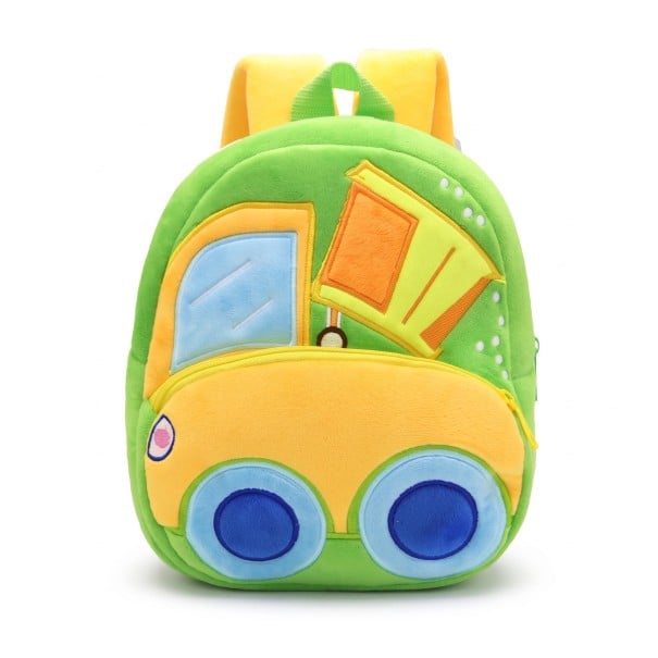 Zaino verde per bambini 26 x 24 x 10 cm con motivo di un'auto della spazzatura gialla e ruote blu, con due tasche con zip e spallacci gialli 1