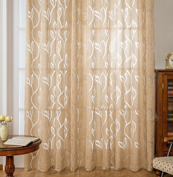Žakárový poloprůhledný závěs Závěs se vzorem listu Elegantní dlouhý závěs Designový tkaný závěs Panelový závěs se zavěšením na řasící pásce 100 x 130 cm béžova