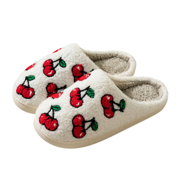Zapatillas de casa peludas con cerezas para adultos Zapatillas suaves y cálidas con motivo de frutas Cómodas zapatillas de invierno con suela antideslizante 41-42