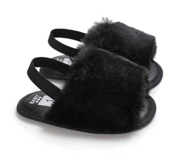 Zapatillas de estar por casa peludas para niñas con tira negro 6-12 meses