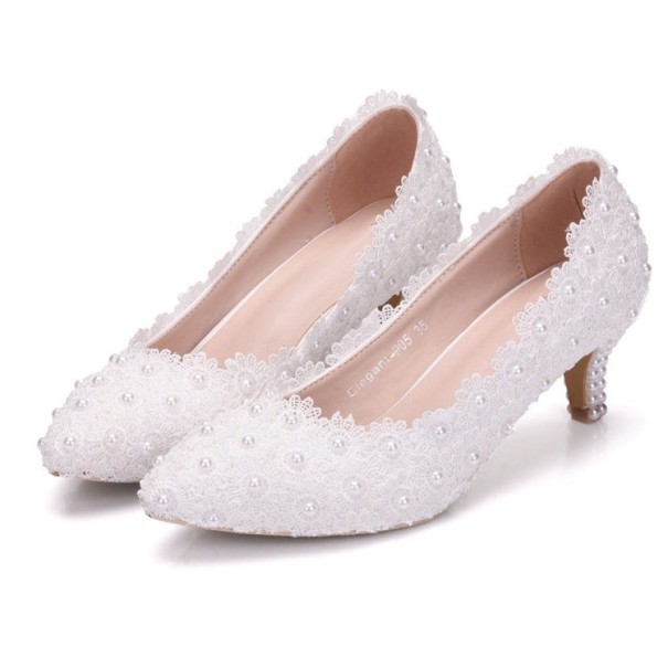 Zapatos de boda para mujer con flores y perlas J1172 blanco 34
