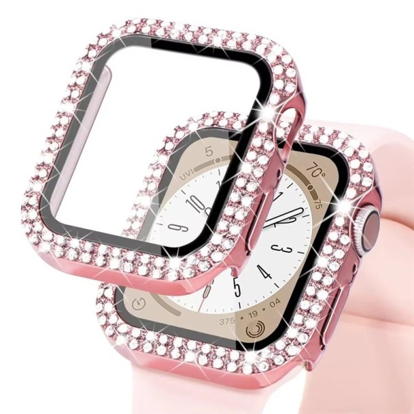 Zářivý diamantový kryt pro Apple Watch 41 mm Tvrzené sklo ochrana displeje Full frame pouzdro pro Apple Watch Series 9 8 7 iWatch růžová