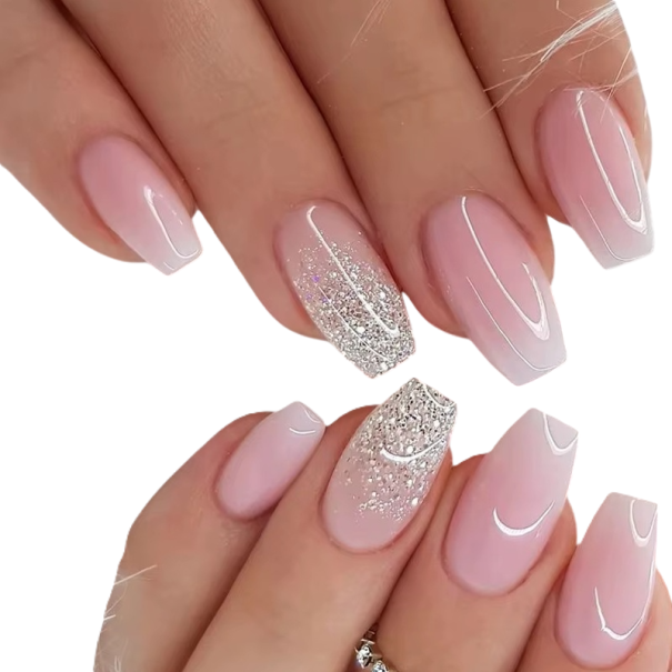 Zart glitzerndes Set 24 Stück künstliche Nägel Coffin-Form Mittlere Länge Leichter Acryl-Design Klebetipps für die Hände 1