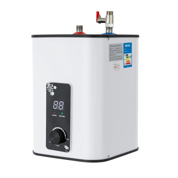 Zásobníkový elektrický ohřívač vody pod umyvadlo 1500 W s objemem 8 l a LED displejem o rozměrech 35 x 24 x 24 cm v bílo-černém provedení 1