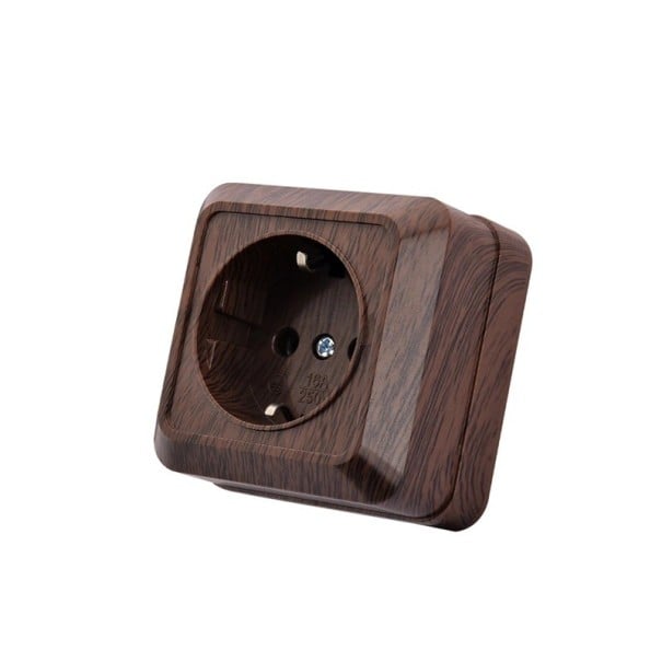 Zásuvka na zeď EU s uzemněním 16 A 250 V, 63 × 63 × 41 mm, nehořlavý plast v dekoru dřeva, hnědá, nástěnná montáž na omítku venkovní 1