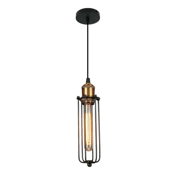 Závěsné kovové svítidlo s úzkou klecí a paticí E27 v industriálním stylu, matně černé, průměr 10 cm a výška 40 cm do baru nebo kuchyně zlatá