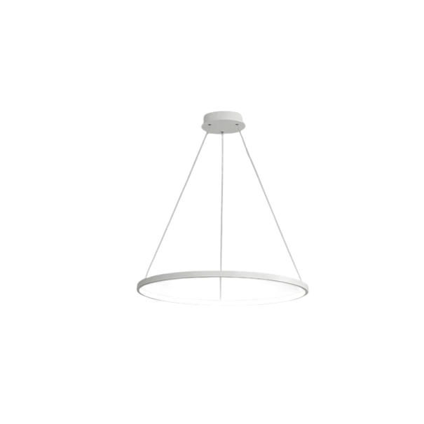 Závěsný LED kruhový lustr moderní průměr 60 cm příkon 38 W studené bílé světlo max výška 120 cm kov pokrytí 10-15 m² nad jídelní stůl bílá