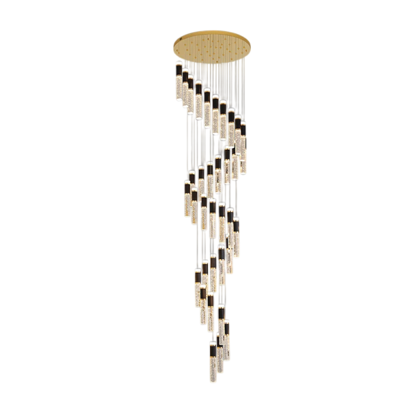 Závesný LED luster s 35 bublinkovými sklenenými sviecami 30 x 4 cm, základňa 60 x 350 cm dĺžka lustra, studené biele stmievateľné svetlo 1