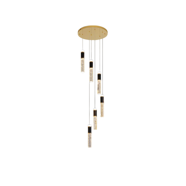Závesný LED luster s 6 bublinkovými sklenenými sviecami 30 x 4 cm, základňa 40 x 150 cm dĺžka lustra, teplé biele stmievateľné svetlo 1