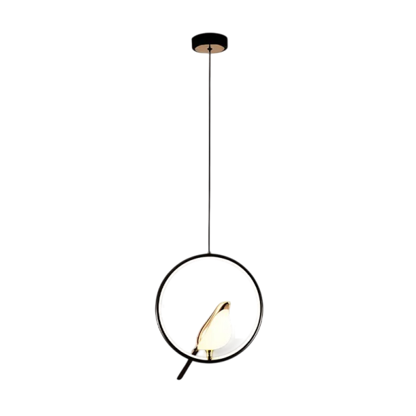 Závesný LED luster s kruhovým bidielkom a dekoratívnym vtáčikom Moderné dizajnové svietidlo Priemer 29 cm Teplé biele svetlo 3000K 31W 90-260V Nastaviteľný záves 150 cm čierna