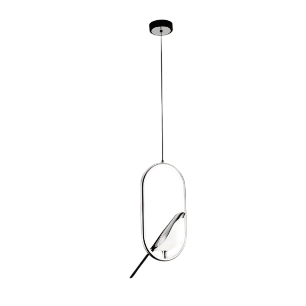 Závěsný LED lustr s oválným bidýlkem a dekorativním ptáčkem Moderní designové svítidlo 17×35 cm Teplé bílé světlo 3000K 31W 90-260V Nastavitelný závěs 150 cm stříbrná