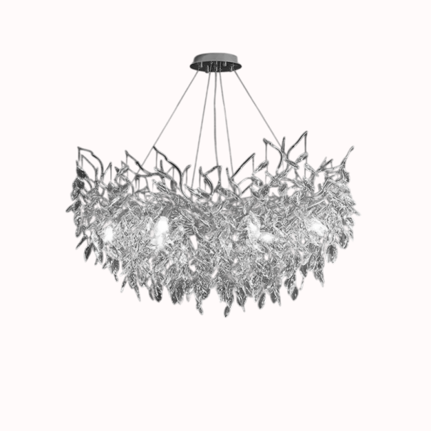 Závesný luster sklenené listy vetvičky strieborný priemer 45 x výška 45 x nastaviteľný kábel 150 cm, 6x G9, neutrálné biele svetlo do jedálne 1