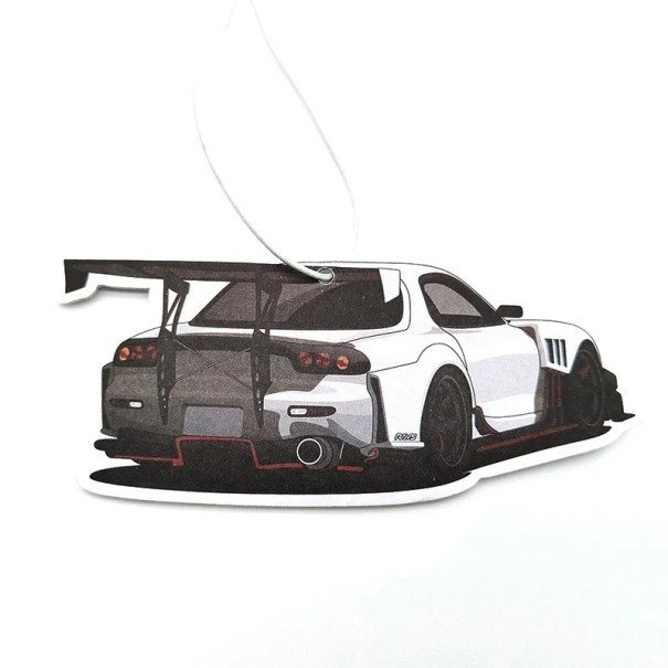 Závěsný osvěžovač vzduchu do auta design sportovní vůz zadní pohled přívěsek bílo černý dekorativní doplněk interiéru 1