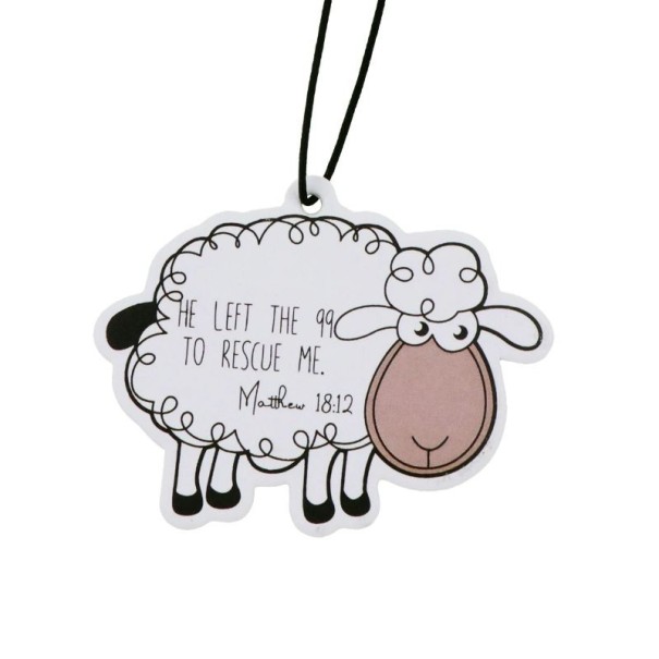 Závěsný osvěžovač vzduchu do auta s motivem ovečky a textem Matthew 18:12 voňavý přívěsek 7 × 5 cm bílo béžový doplněk interiéru 1