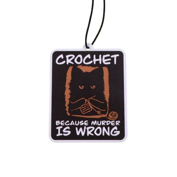 Závěsný osvěžovač vzduchu do auta s textem CROCHET a motivem kočky voňavý přívěsek aromaterapie černo hnědý doplněk interiéru 1