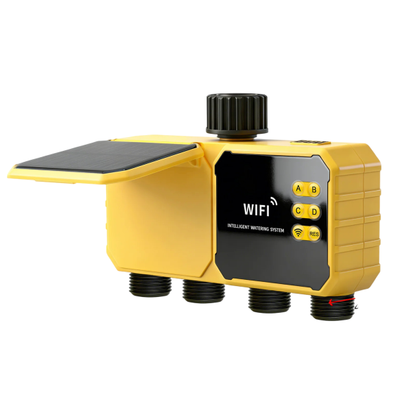 Zavlažovací časovač solární WiFi 4 zóny nezávislé ovládání IPX6 dešťový senzor Tuya Smart Life žlutý pro zahradu, trávník a skleník 1