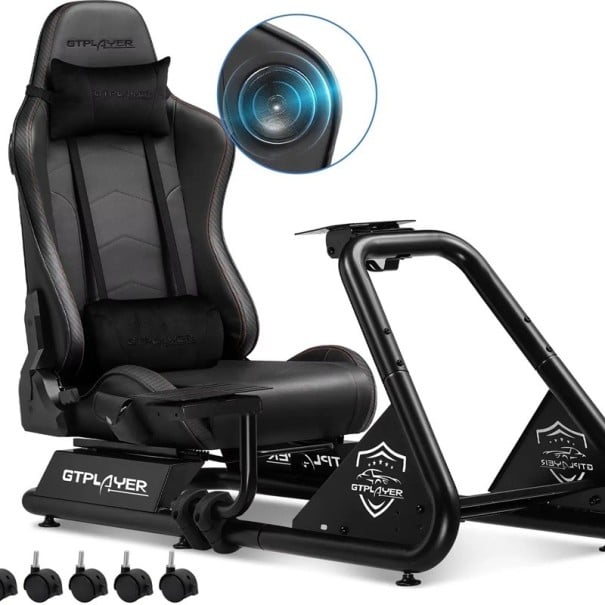 Závodní simulátor s herní židlí, stojanem na volant a pedály, reproduktory, 130x55x107 cm, ekokůže, sedačka pro racing simulator černá