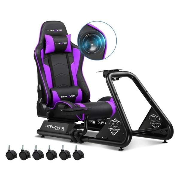 Závodní simulátor s herní židlí, stojanem na volant a pedály, reproduktory, 130x55x107 cm, ekokůže, sedačka pro racing simulator fialová