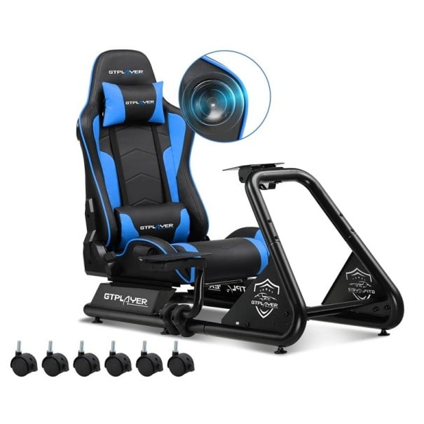 Závodní simulátor s herní židlí, stojanem na volant a pedály, reproduktory, 130x55x107 cm, ekokůže, sedačka pro racing simulator modrá