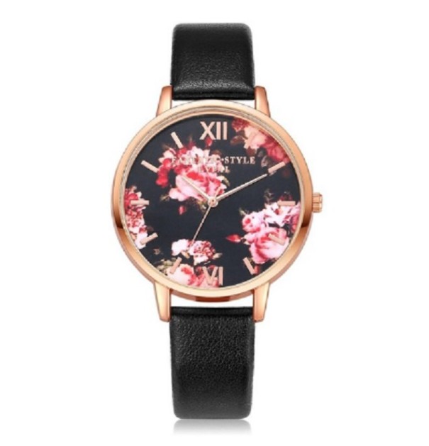 Zegarek damski z tarczą w kształcie kwiatka J3193 czarny