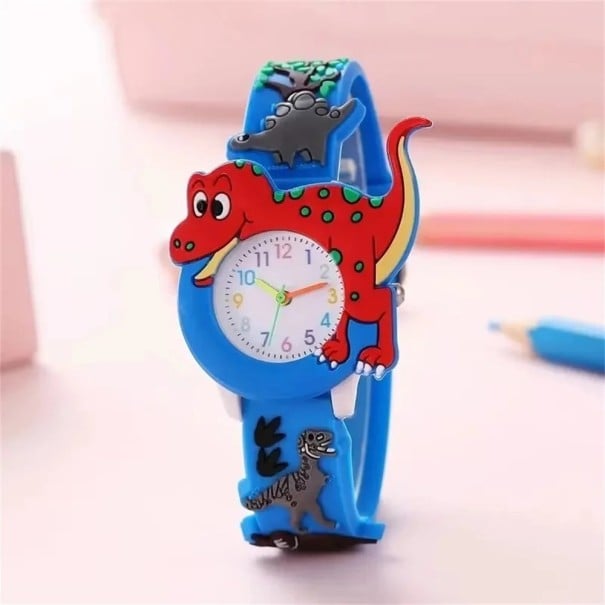 Zegarek dziecięcy z silikonowym paskiem 3D z dinozaurem, kwarcowy zegarek analogowy, kolorowa tarcza, dla dzieci, kolor niebieski niebieski