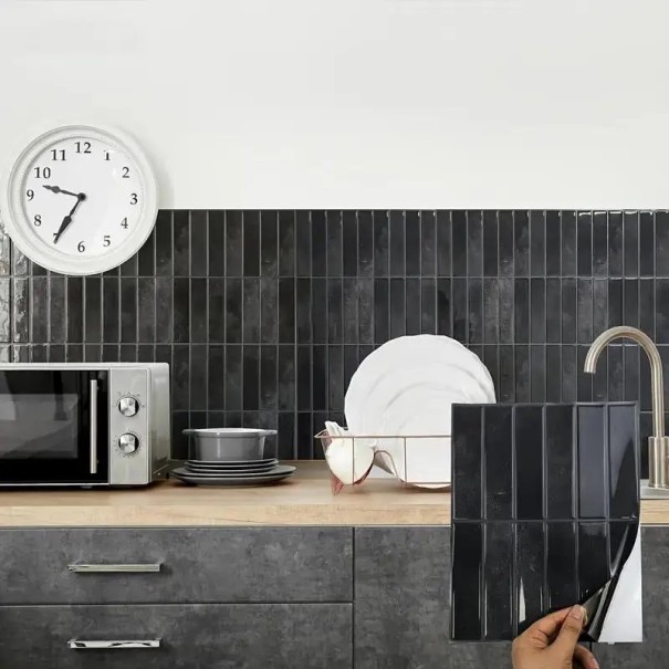 Zelfklevende tegelwandpanelen 23 x 29 cm vinyl waterdicht 10 stuks decoratieve stickers voor keuken badkamer zwart
