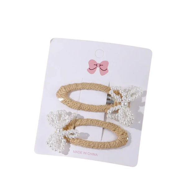Zestaw 2 spinek do włosów dla dzieci z ozdobnymi spinkami w kształcie motyli z koralikami Urocze akcesoria do włosów Fryzury dla dziewcząt Elegancka stylizacja Delikatny wzór pereł złoto