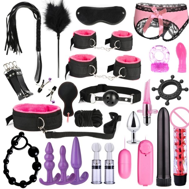 Zestaw 26 erotycznych narzędzi BDSM do intensywnych zabaw bondage z zestawem kajdanek, batów, wibratorów, zacisków i innych elementów Dyskretne opakowanie różowy