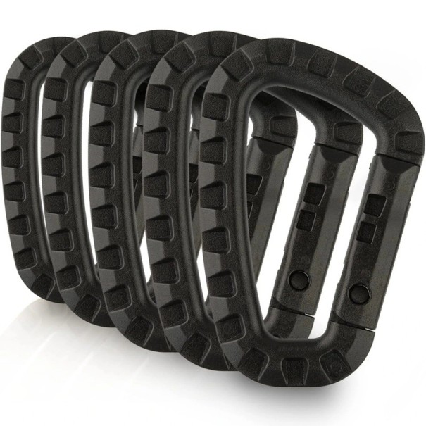 Zestaw 5 plastikowych karabińczyków 8,5 x 6 cm Uniwersalne klipsy do wieszania kluczy i akcesoriów Neutralne kolory Kemping Piesze wycieczki Podróże Organizacja czarny