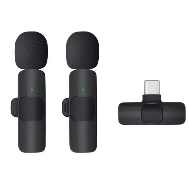 Zestaw dwóch bezprzewodowych mikrofonów krawatowych z odbiornikiem USB C dla systemu Android z automatycznym parowaniem, redukcją szumów czarny