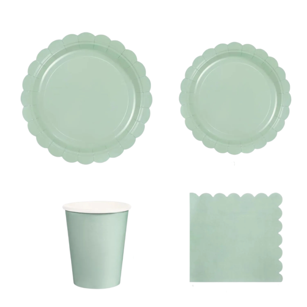 Zestaw jednorazowego papierowego naczyń 96 szt Talerze 22,9 cm i 17,8 cm kubki 266 ml serwetki 16,5 × 16,5 cm papier szałwiowo zielony na przyjęcia 1