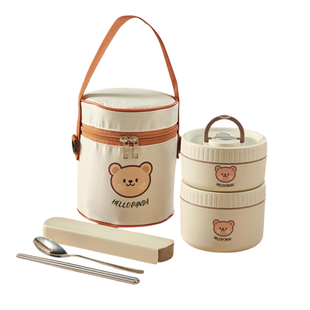 Zestaw lunchboxów termicznych o pojemności 400 ml i 600 ml Pojemnik ze stali nierdzewnej, izolowany, szczelny, nadaje się do użycia w kuchence mikrofalowej Pudełko dziecięce z misiem i sztućcami beżowa