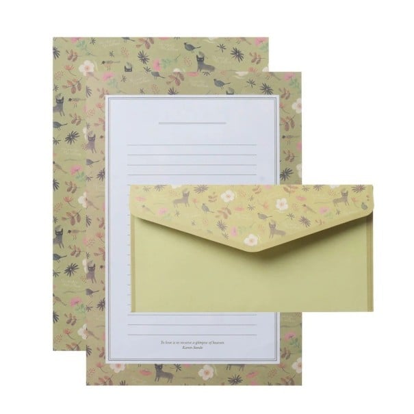 Zestaw papierów listowych i kopert 14 x 21 cm 6 arkuszy papieru 8,5 x 16,5 cm 3 koperty koty ptaki kwiaty zielony zestaw do pisania 1
