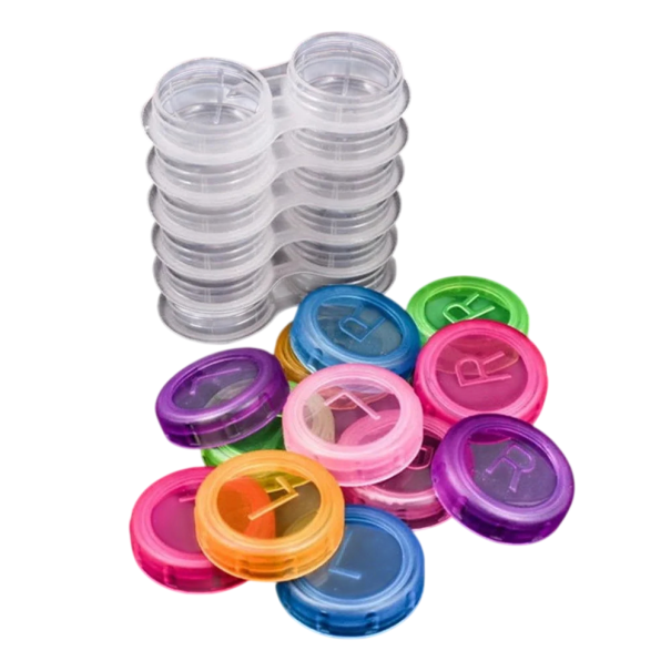 Zestaw pojemników na soczewki kontaktowe 10 sztuk plastikowe kolorowe pojemniki kompaktowe okrągłe z oznaczeniem L i R do codziennego użytku 1
