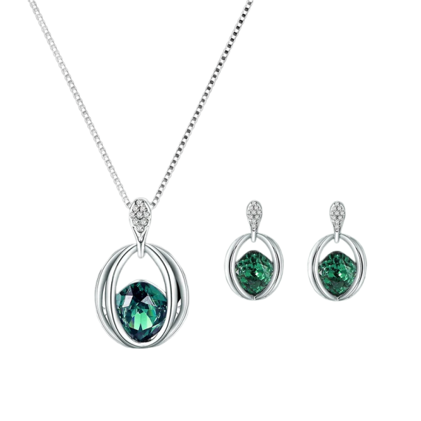 Zestaw upominkowy dla kobiet srebrny naszyjnik i kolczyki z ozdobnym kamieniem zielony