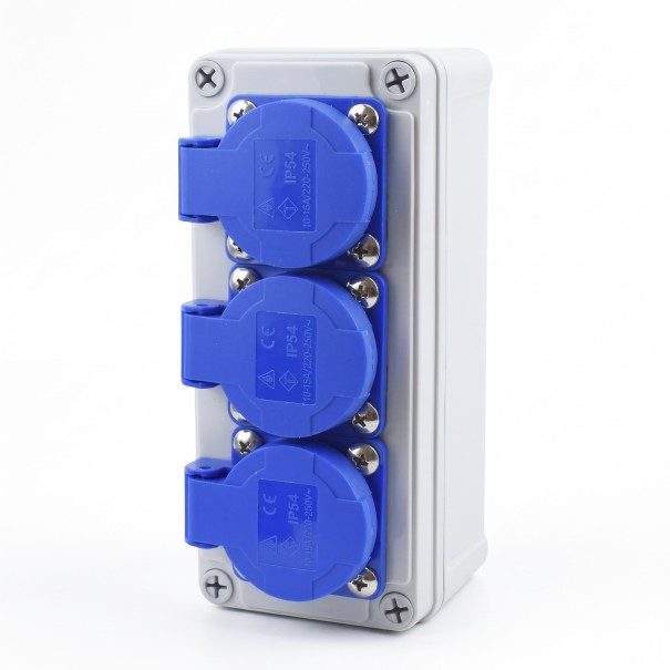 Zewnętrzna potrójna gniazdko na ścianę, wodoodporna IP54, 16 A / 220 V, 180 × 80 × 70 mm, plastikowa, szaro-niebieska, do domu, ogrodu i ładowania samochodu 1